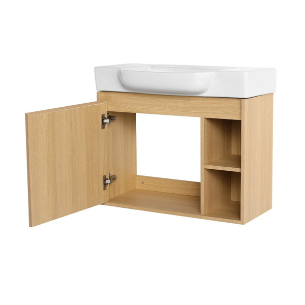 English Elm 28'' Floating Bathroom Vanity with Ceramic Sink Soft Close Door Melamine Cabinet Light Oak W999P426639