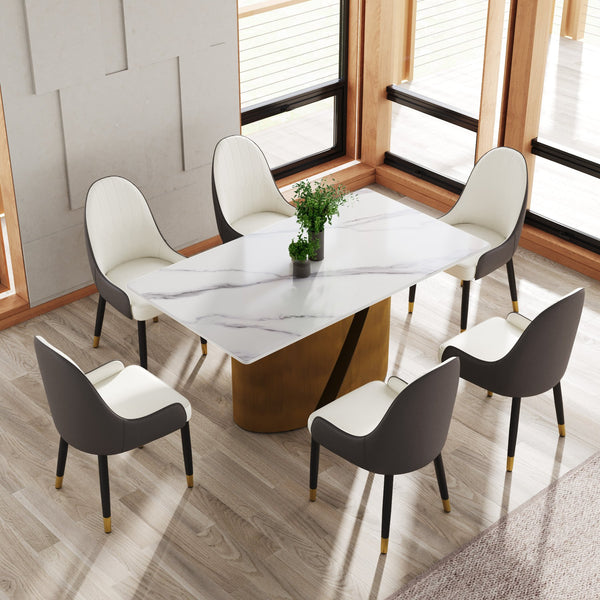 English Elm 63" Modern Rectangular Dining Table With Sintered Stone Top & Bronze Iron Base For 6-8 People W1535S00356