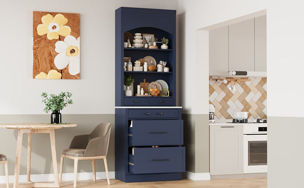 English Elm Topmax 83.7" Blue Kitchen Pantry With Faux Marble Top, 5 Drawers, Adjustable Shelf N717P221575C-GIGA