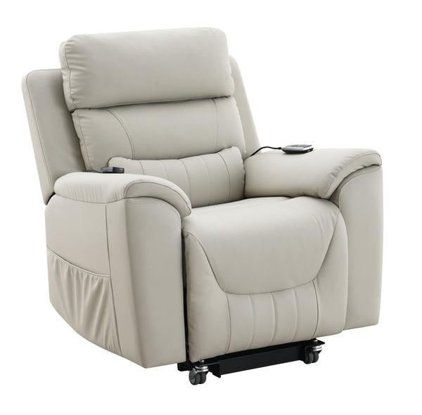 English Elm Marsha Light Gray Power Motion Recliner with Lift, Heated Massage, Faux Leather Upholstery, Modern Comfort B2726S00015