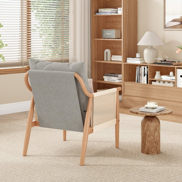 English Elm Braid Armchair Mid Century Modern Linen Wood Accent Chair with Ergonomic Support and Plush Cushioning Grey T3623P409105