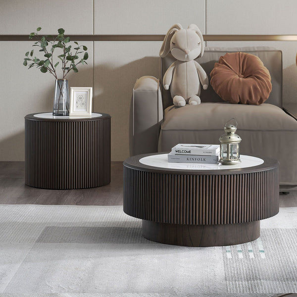 English Elm Modern Faux Marble Coffee Table Set - Stylish 2-Piece Round End Tables For Living Room & Office W2582S00161