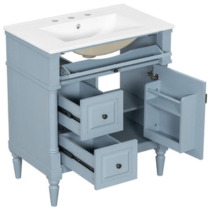 English Elm 30" Freestanding Bathroom Vanity Rubberwood Frame Ceramic Sink Flip Drawer Storage Blue+Grey N725P356062E