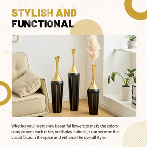 English Elm 3-piece Handcrafted Metal Floor Vase Set Matte Finish Architectural Trio for Entryway Black+Gold W2796P446204
