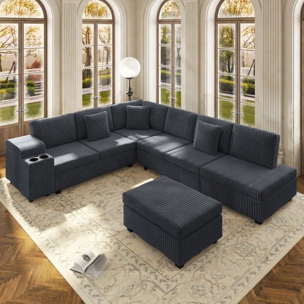 English Elm 110.2" Corduroy Sectional Sleeper Sofa with Ottoman Usb Ports Storage Armrests Living Room Dark Gray W3219S00012