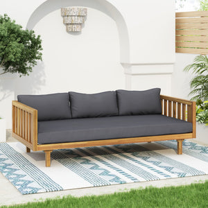 English Elm Christopher Knight Home® - Acacia Acacia Wood Patio Daybed and Round Coffee Table Set with Water-Resistant Cushions, Stylish Outdoor Lounge DARK GREY,Teak N770P234486F_N770P205537A