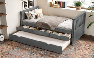 English Elm Twin Solid Wood Platform Bed with Trundle and Two Drawers, White Daybed for Kids Guests Gray W1580S00263