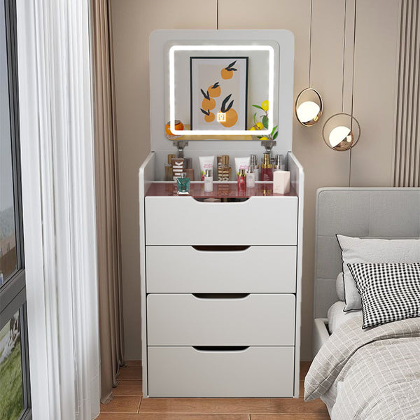 English Elm (60CM) 3-in-1 Vanity Desk with Lighted Flip Mirror, Glass Top, 3 Drawers & Cushioned Stool — White W2641P192314