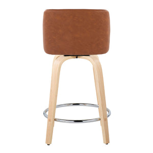 English Elm Fixed-height Swivel Counterstools Natural Wood Bentwood Legs Camel Faux Leather Set 2 B202S01767