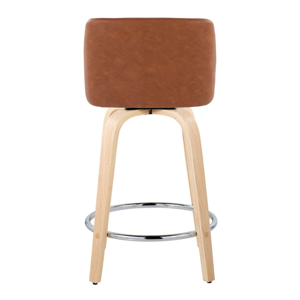 English Elm Fixed-height Swivel Counterstools Natural Wood Bentwood Legs Camel Faux Leather Set 2 B202S01767
