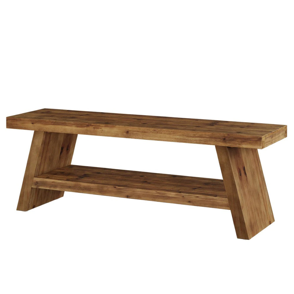 English Elm Entryway Shoe Bench Solid Wood Two Tier Open Shelf Farmhouse Hallway Seating T3971P456426