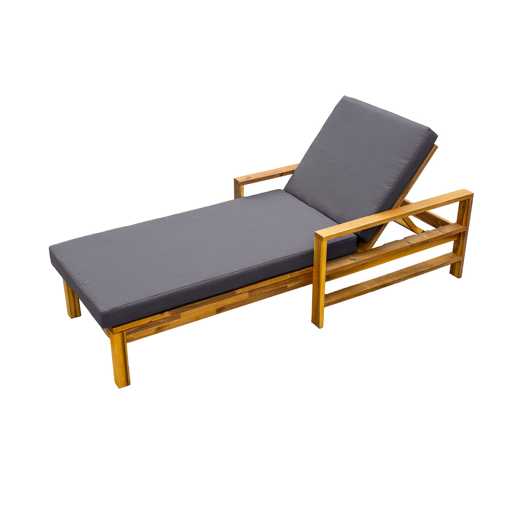 English Elm U_Style Acacia Wood Adjustable Backrest Lounge Chair for Garden Patio Poolside, Cushioned Comfort Natural+Grey WY000433AAE