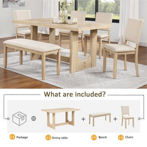 English Elm 6 Piece Light Oak Dining Set with Bench Upholstered Linen Chairs U-shaped Base W1998S00094