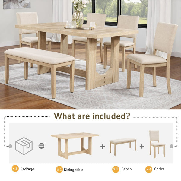 English Elm 6 Piece Light Oak Dining Set with Bench Upholstered Linen Chairs U-shaped Base W1998S00094