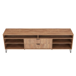 English Elm Dumbo 85" Fluted TV Stand with Gold Legs, 2 Drawers & 6 Shelves, Wire Management, Easy Snap Assembly Brown B365P397924