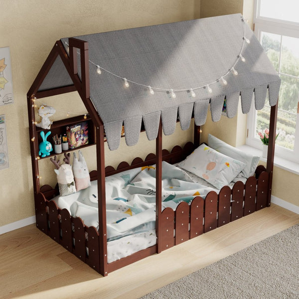English Elm {slats Are Not Included} Twin Montessori House Floor Bed Kids Tent Lights Shelves Pinewood Frame Espresso N708P407962P