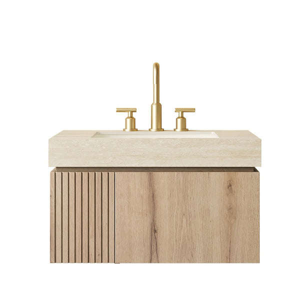 English Elm Muri Floating Bathroom Vanity Plywood Cabinet Travertine Stone Top White Oak Grain W2615S00612