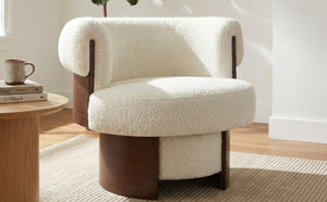 English Elm Modern Sculptural Barrel Swivel Chair Bentwood Frame Polyester Upholstery Accent Seating Beige N760P369230A
