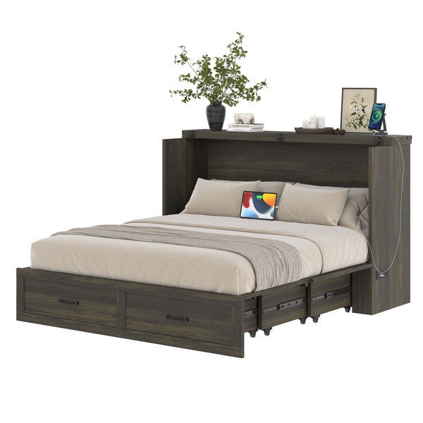 English Elm N733S293997G, Space-Saving Wood Murphy Bed Cabinet with Charging Station, Storage Drawer, Durable Design Antique Gray 68 L x 18.75 W x 9.1 H N733P293997G