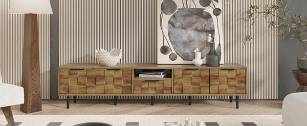 English Elm 78" TV Stand Checkered Natural Wood Finish with Soft-Close Doors, Deep Drawer & Open Shelf Storage N710P293272P