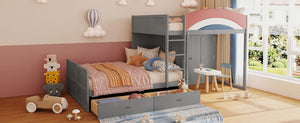 English Elm Full Size Offset Bunk Bed with Wardrobe Hanging Rod Drawers and Upholstered Rail Gray N820S00081E