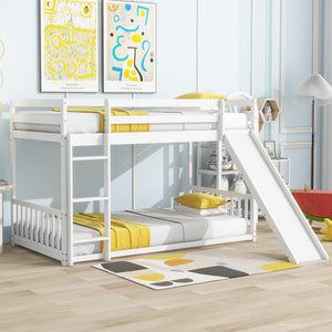 English Elm Twin Over Twin Floor Bunk Bed With Slide & Ladder - Solid Pine Wood, White Finish, Safe & Fun Design! W504S00190-GIGA