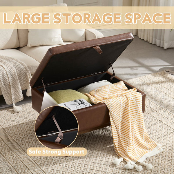 English Elm Mid-century square storage bench with solid wood frame, microfiber upholstery, versatile ottoman seat and tabletop functionality for living room and entryway appeal Brown PU W1539P269658