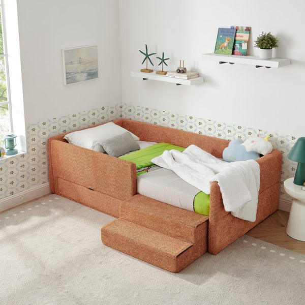 English Elm Twin Boucle Upholstered Kids Bed with Guardrails Built in Storage and Cushioned Step Stool Orange W1413P433367