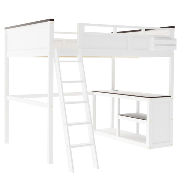 English Elm Queen Size Loft Bed With Desk, Usb Charging, Storage Box & Open Shelves For Organized Living Space N7090005002W-GIGA