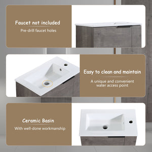 English Elm Bathroom Vanity Ceramic Sink 22" Floating Wall-Mount Vanity with Matte Black Handle and Soft Close Door Plaid Grey Oak W99968776
