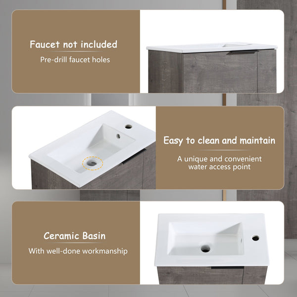 English Elm Bathroom Vanity Ceramic Sink 22" Floating Wall-Mount Vanity with Matte Black Handle and Soft Close Door Plaid Grey Oak W99968776