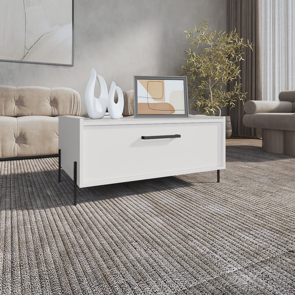 English Elm Shan Minimalistic 15.6" Coffee Table with Pull-Down Cabinet and Open Shelf, Modern Compact Storage White 18.3 L x 60 W x 7 H B070P254758