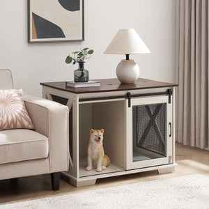 English Elm Farmhouse Dog Cage Crate Furniture with Sliding Barn Door, Secure Metal Latch, Flip-Up Top Access and Removable Divider for Small to Large Dogs (40.94x30.51x6.69) White W2275P164726