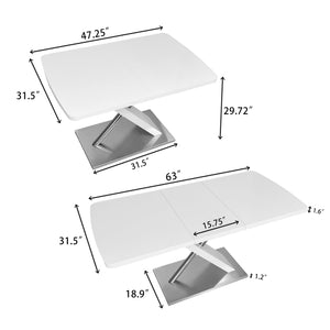 English Elm 47.25''-63'' Extendable White Gloss Dining Table for 4-6, High-Gloss MDF Top, Crossed Metal Base, 220lb Capacity W757P270706