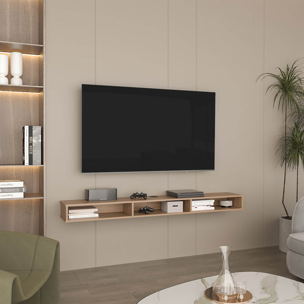English Elm Luft 71" Wide Floating TV Stand with 3 Open Shelves, Cable Management, Modern Oak MDF Console69 B070P286448