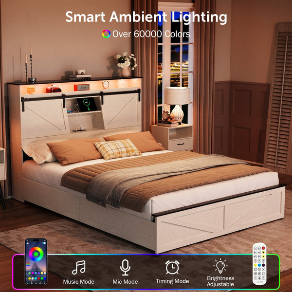 English Elm Farmhouse Queen Size Bed Frame With Storage, Charging Station, Led Lights & Underbed Drawers, White W1550P343686