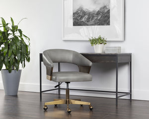 Sunpan Leonce Mid-Century Modern Office Chair with Faux Leather, Walnut Arms & Gold Stainless Steel Base