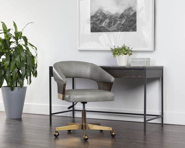 Sunpan Leonce Mid-Century Modern Office Chair with Faux Leather, Walnut Arms & Gold Stainless Steel Base