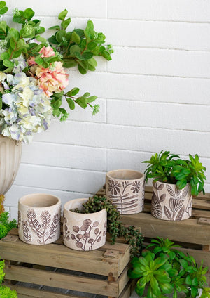 English Elm Set of 4 Earthy Gray Sand & Cement Planters with Brown Botanical Motifs, Modern Succulent Display W2078P334762