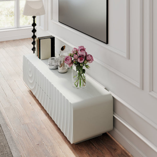 English Elm 58''tv Console Sculpted Spiral Wave Relief Walnut Mid-century Media Stand with Storage White W2263P412377