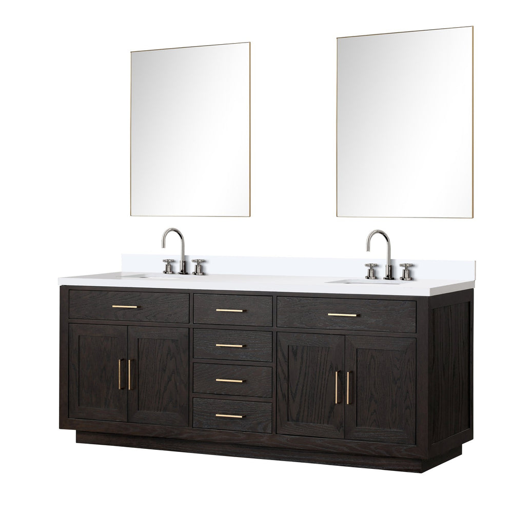 English Elm Black Oak Double Bath Vanity Set With White Quartz Top, 36" Mirrors, Chrome Faucets & Ample Storage B2731S02182