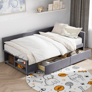 English Elm Twin Velvet L-Shaped Upholstered Platform Bed with Plush Headboard, Hidden Drawers & Cabinet Storage Gray SF000182AAE