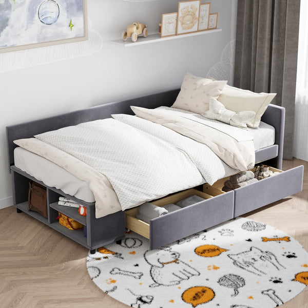 English Elm Twin Velvet L-Shaped Upholstered Platform Bed with Plush Headboard, Hidden Drawers & Cabinet Storage Gray SF000182AAE