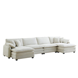 English Elm Over oversized U Shape Corduroy Sofa – Modern 4-Seater with 2 Ottomans, Plush Memory-Foam Comfort, Beige Glam W714S00695