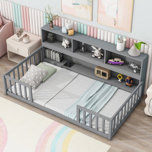English Elm Twin Floor Bed with Built-In Bedside Bookcase and Shelves, Space-Saving Design with Guardrails Grey W504142770
