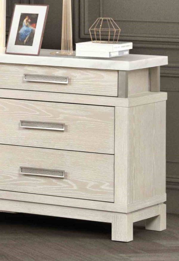 English Elm Transitional Marble Top Nightstand Weathered Gray Finish with Three Felt Lined Drawers B2741P431081