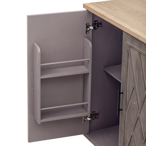 English Elm K&K Farmhouse Kitchen Island with Geometric Twill Doors, ASH Bark Top, Drop Leaf & Lockable Wheels Brown N707P221444Z