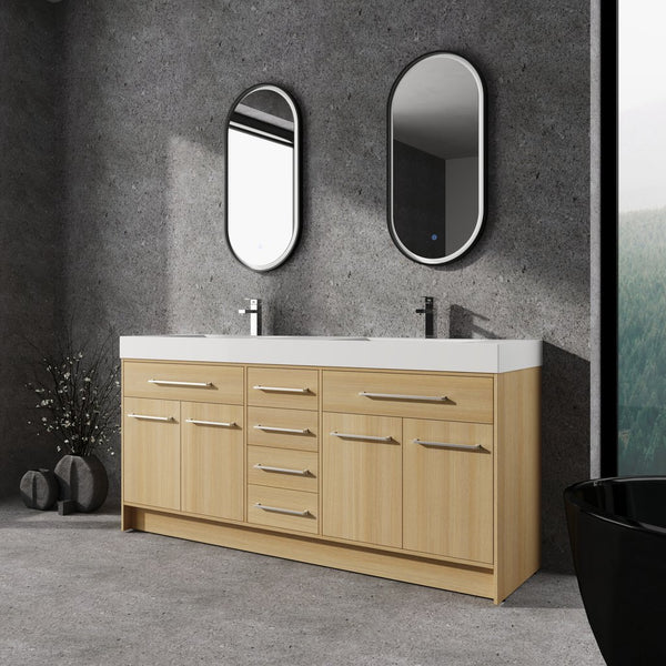 English Elm 72" Freestanding Bathroom Vanity with Double Resin Sink, Original Oak Finish, 4 Doors & 6 Drawers, Soft-Close W1972P315234