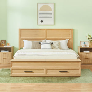 English Elm Queen Storage Bed with Geometric 3d Headboard Four Drawers and Walnut Finish W1820S00057