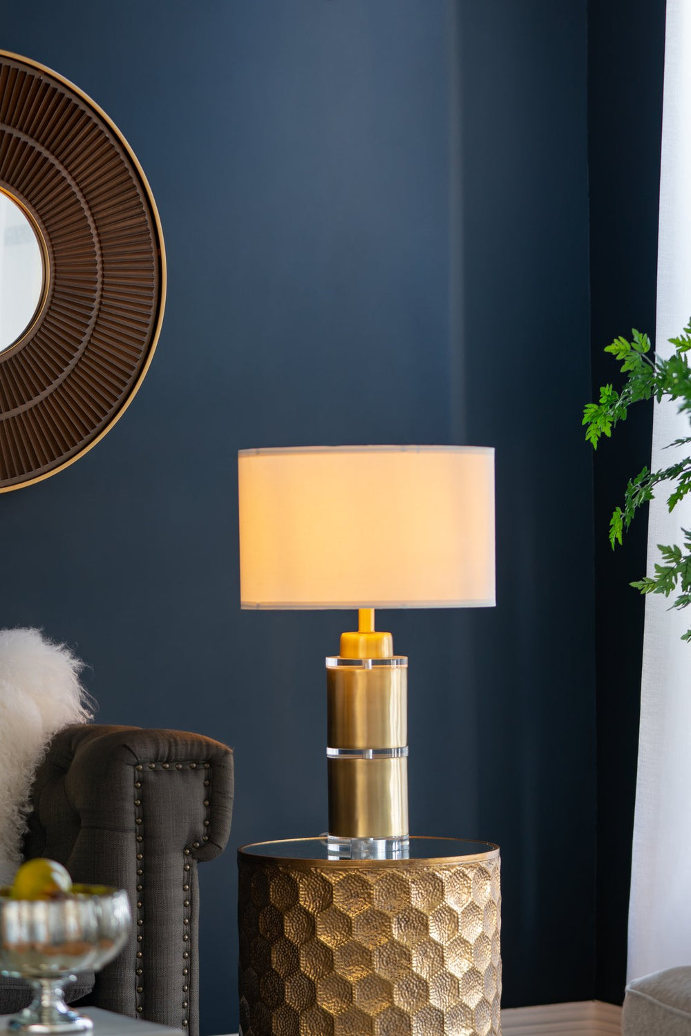 English Elm D15x25.5" Gold and White Cylinder Table Lamp with Acrylic Circle Accents and Collapsible Drum Shade W2078P395816